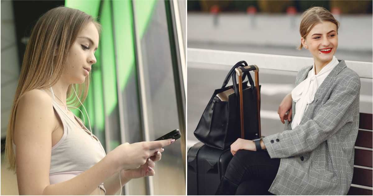 (L) A worried teenager is texting on her phone. (R) A passenger smiles as she sits and looks on with luggage beside her. (Representative Cover Image Source: Pexels| L - Andrea Piacquadio, R - Gustavo Fring)