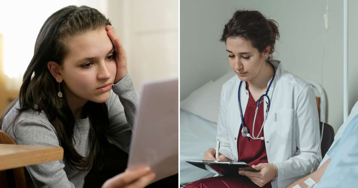 (L) Teen girl looks worried while reading reports. (R) A female doctor writing reports by the side of a patient. (Representative Cover Image Source: Pexels | (L) Boom Photography, (R)  Tima Miroshnichenko)