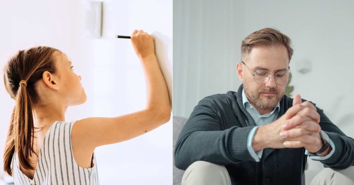 (L) A little girl is writing on a whiteboard. (R) A worker looks emotional. (Representative Cover Image Source: Pexels | L - Mikhail Nilov, R - Tima Miroshnichenko)