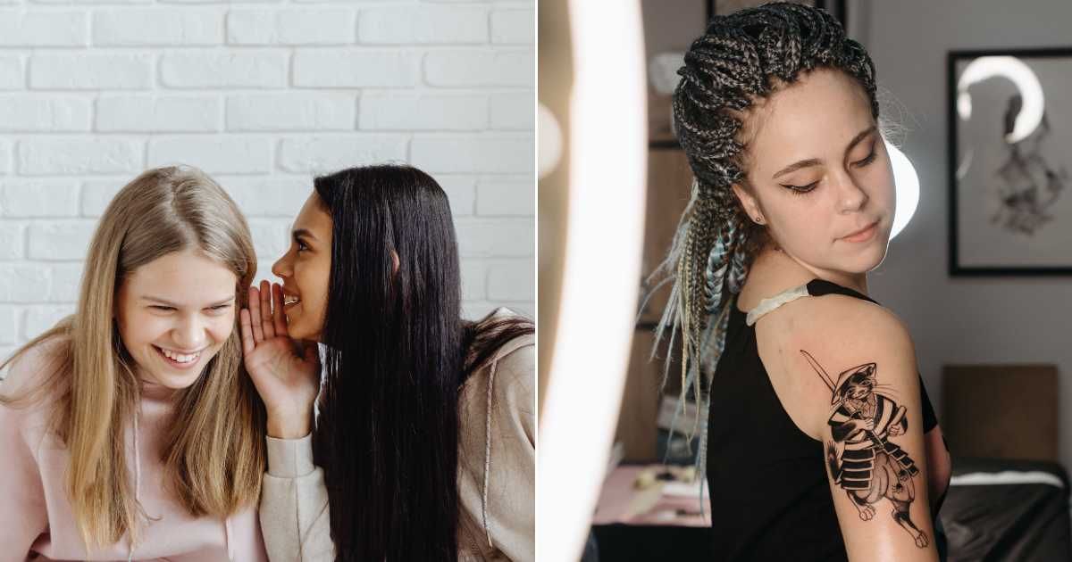 (L) Two teenage girls gossiping about someone. (R) A woman looks at her arm tattoo. (Representative Cover Image Source: Pexels | (L) Karola G, (R) Pavel Danilyuk)