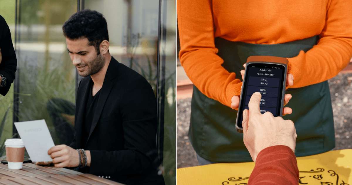 (L) A man looks confused as he looks at the bill at the restaurant. (R) A customer picking a suggested tip amount. (Representative Cover Image Source: Pexels| L - RDNE Stock Project, R - Spot On POS)