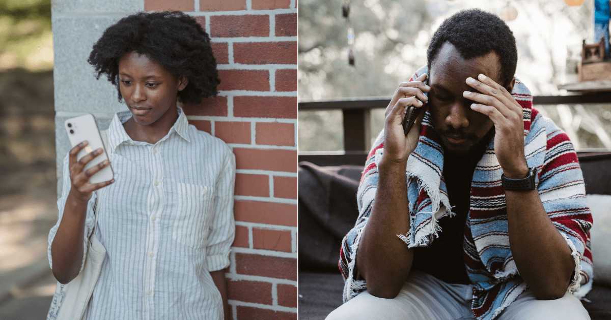 (L) A woman looks at her phone curiously. (R) A man looks upset and distressed while speaking on call. (Representative Cover Image Source: Pexels| L - Mizuno K, R - RDNE Stock Project)