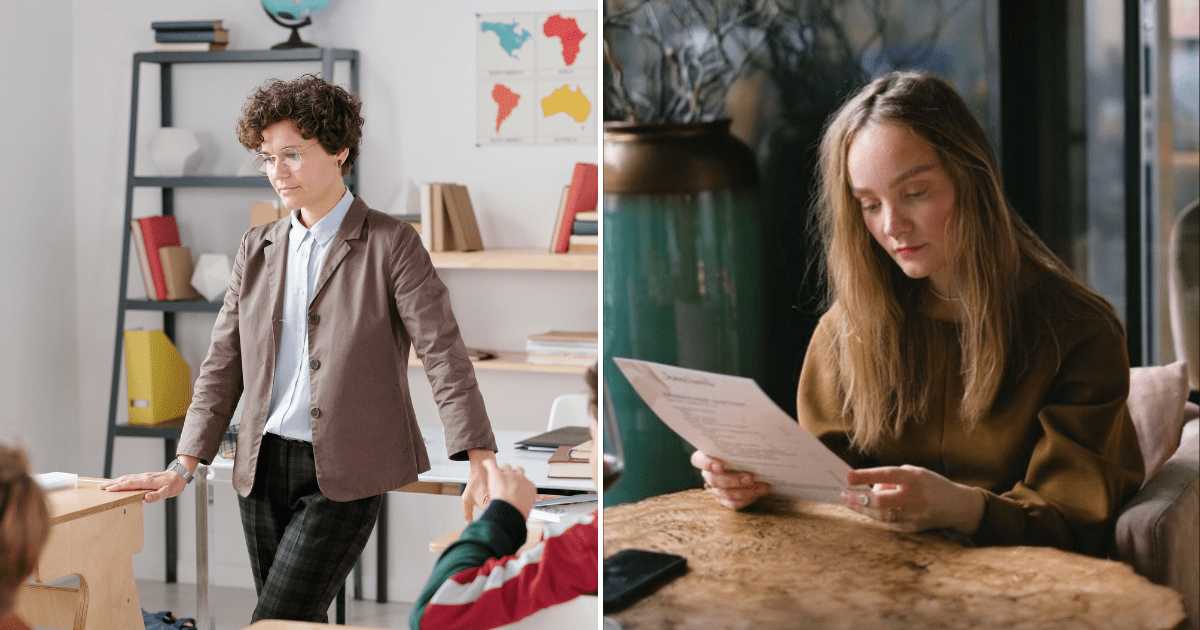 (L) A teacher standing in classroom. (R) A serious woman reading a report. (Representative Cover Image Source: Pexels | (L) Max Fischer, (R) Anna Shvets)