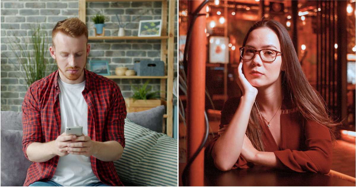 (L) A man looks upset while texting. (R) A woman on a date at a restaurant. (Representative Cover Image Source: Pexels| L - Vitaly Gariev, R - Breno Cardoso)