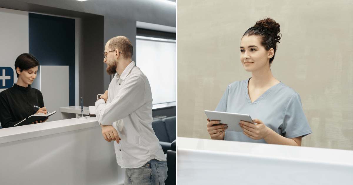 (L) A man at a clinic talking to the receptionist. (R) A receptionist smiling at a clinic. (Representative Cover Image Source: Pexels | (L) Pavel Danilyuk, (R) Cedric Fauntleroy)
