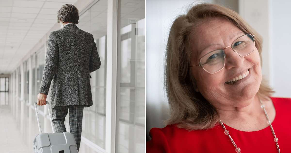 (L) A man walking with a suitcase towards the boarding gate. (R) An old woman smiling. (Representative Cover Image Source: Pexels | (L) Gustavo Fring, (R) Kampus Production)