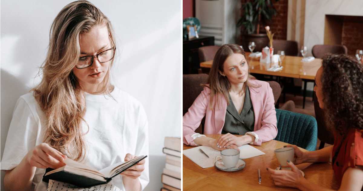 (L) Woman reading novel. (R) Two women talking in cafe. (Representative Cover Image Source: Pexels | (L) George Milton, (R) Edmond Dantès)