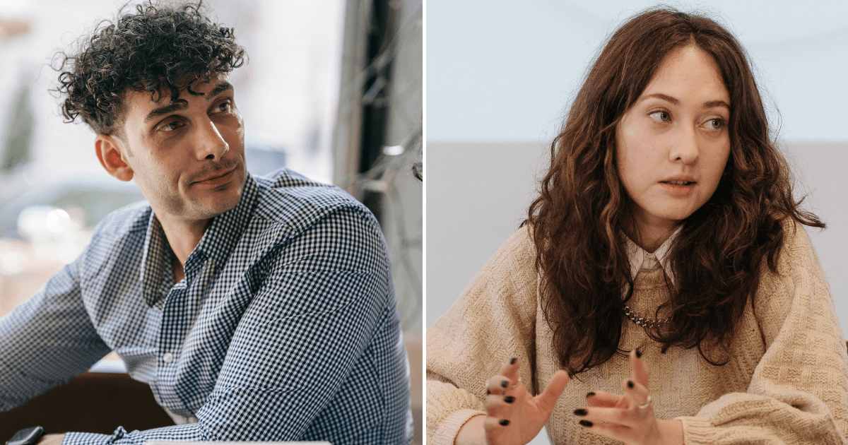 (L) A man, expressing disagreement while talking to someone. (R) A woman in the midst of a conversation. (Representative Cover Image Source: Pexels | (L) Mike Jones, (R) Pavel Danilyuk)