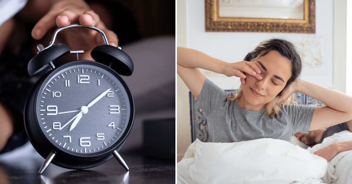 (L) A bedside alarm clock. (R) A woman waking up peacefully. (Representative Cover Image Source: Pexels | (L) Towfiqu Barbhuiya, (R) Kampus Production)