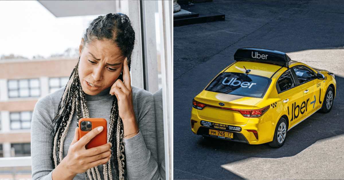 (L) Woman checking her phone. (R) Uber taxi. (Representative Cover Image Source: Pexels | (L) Alex Green, (R) Aleksandr Sochnev)