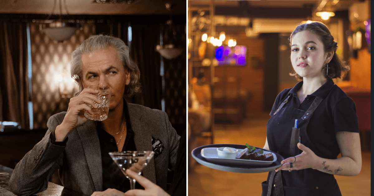 (L) A rich man having a drink at the bar. (R) A waitress holding a tray. (Representative Cover Image Source: Pexels | (L) MART PRODUCTION, (R) Kenzhar Sharap) 