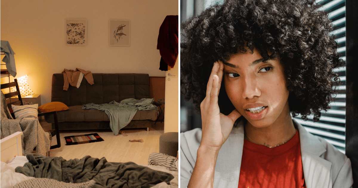 (L) Messy room. (R) Annoyed woman. (Representative Cover Image Source: Pexels | (L) cottonbro studio, (R) Roberto Hund)