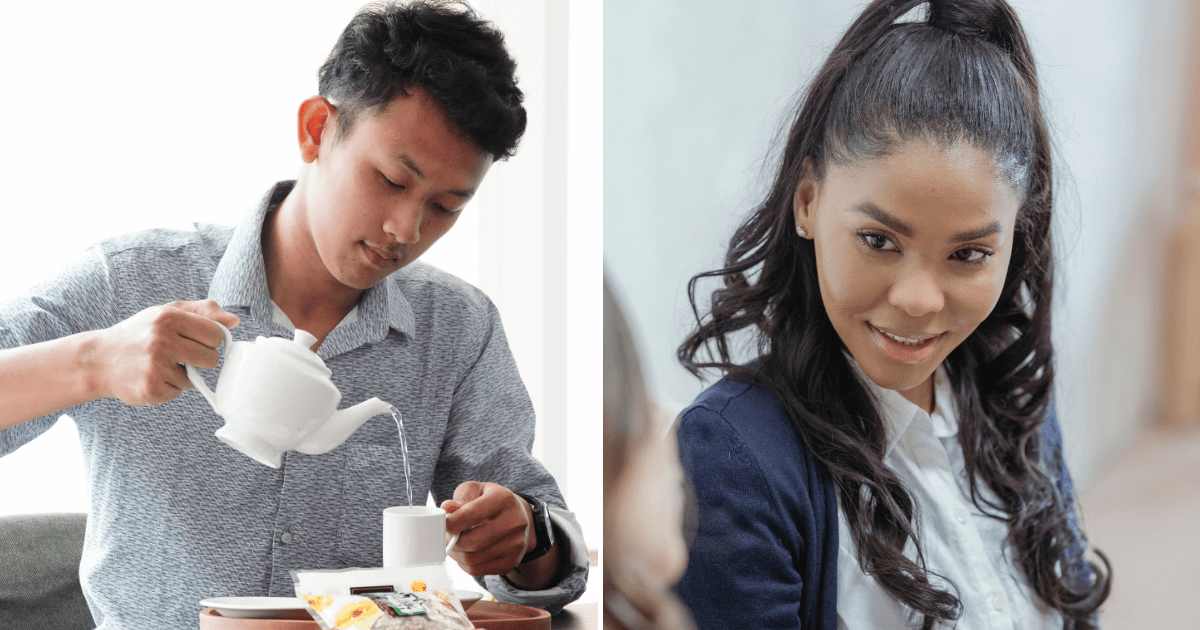 (L) A man filling his tea cup with a kettle. (R) A woman listening to someone talk while smiling. (Representative Cover Image Source: Pexels | (L) hartono subagio, (R) George Milton )