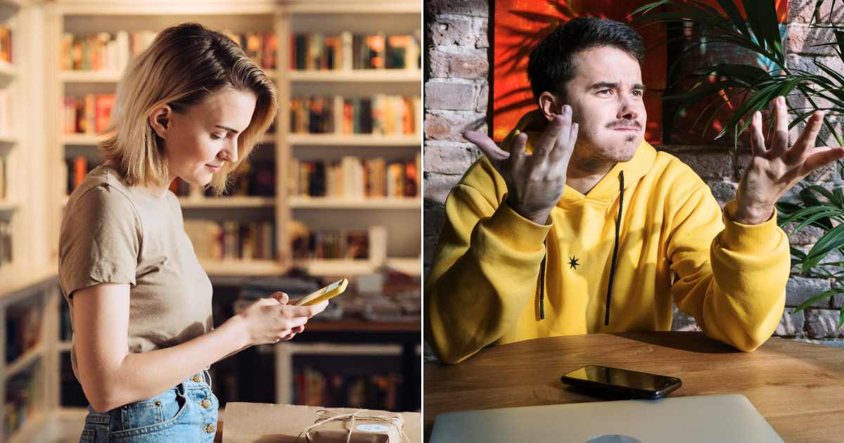 (L) A woman is texting on her phone. (R) A man looks frustrated and confused. (Representative Cover Image Source: Pexels | Photos by Cottonbro Studio)