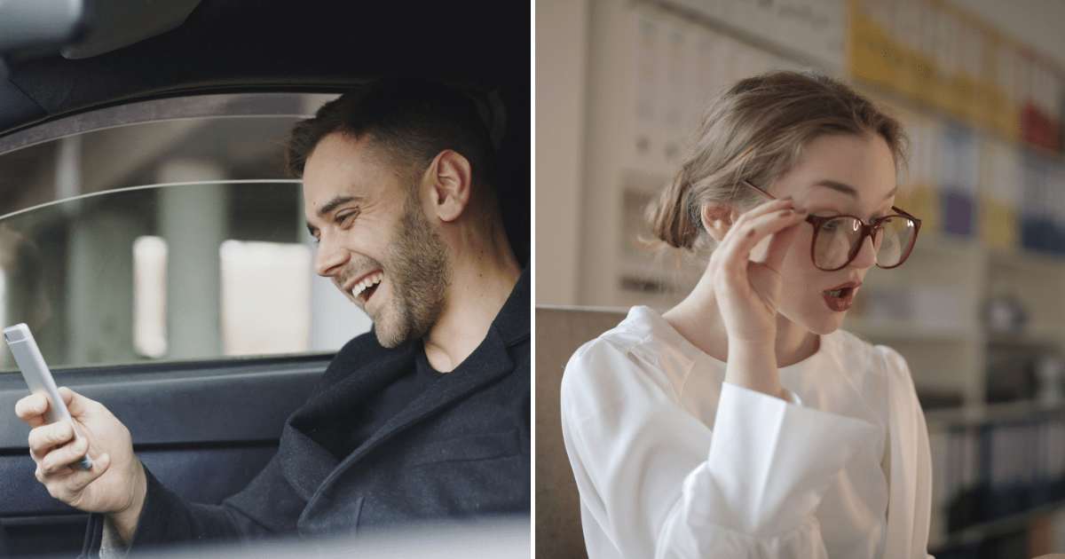 (L) A man laughing while using his phone sitting in a car. (R) A woman shocked while looking at something. (Representative Cover Image Source: Pexels | (L) Vitaly Gariev, (R)Andrea Piacquadio)