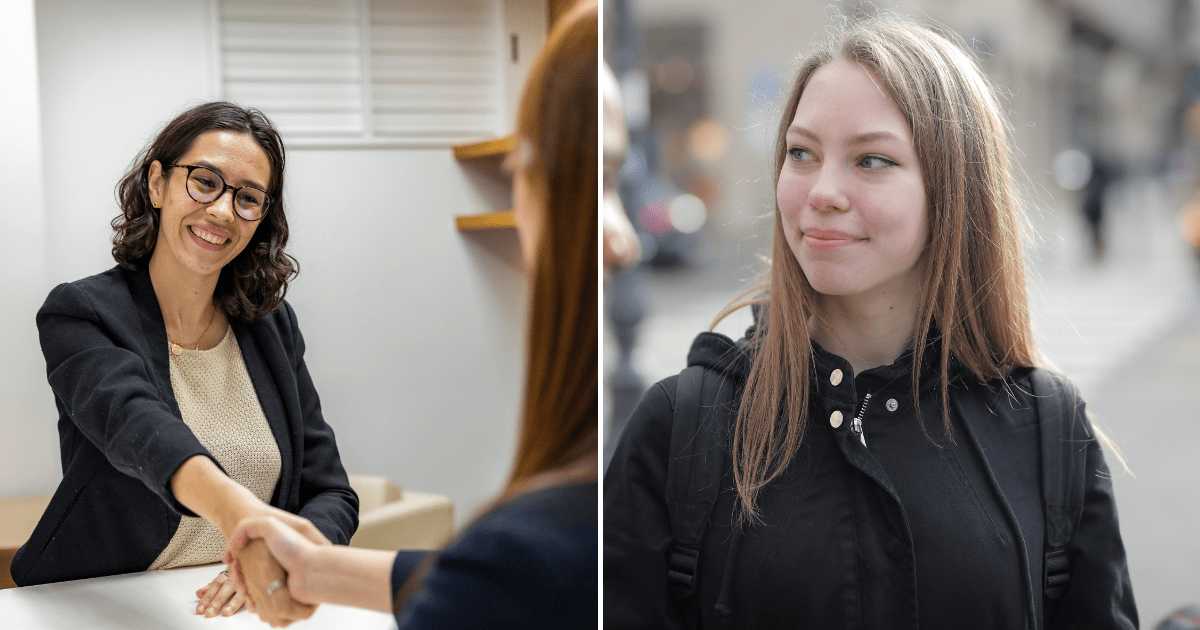 (L) A professional woman shaking hands while greeting a customer. (R) A woman smiling as she walks outdoors. (Representative Cover Image Source: Pexels | (L) Resume Genius, (R) Andrea Piacquadio)