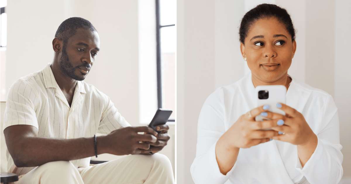 (L) Man chatting on phone. (R) Woman smirking and texting someone. (Representative Cover Image Source: Pexels | (L) August de Richelieu, (R) kaboompics)