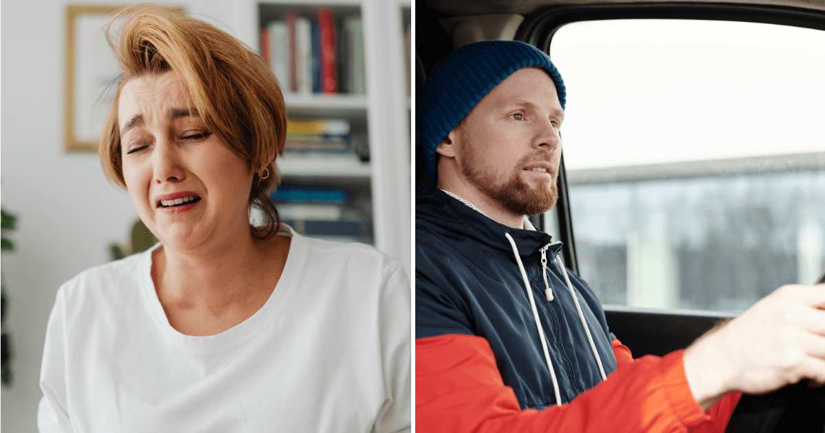 (L) Older woman crying. (R) Man driving car. (Representative Cover Image Source: Pexels | (L) kaboompics, (R) Norma Mortenson)
