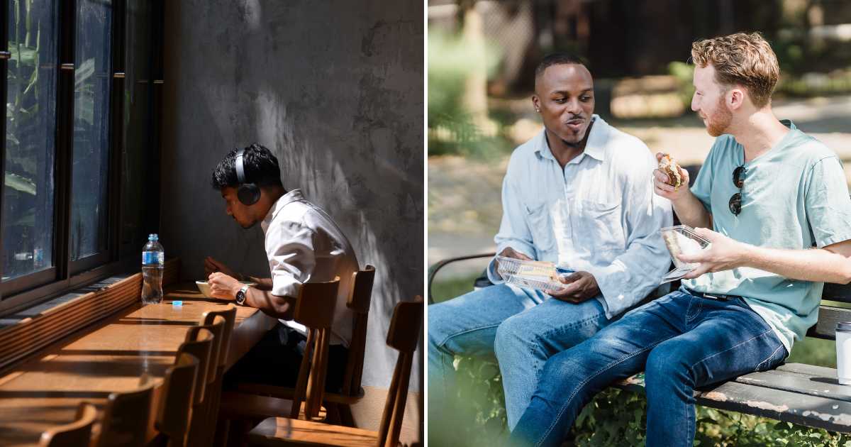 (L) A young man eating alone with headphones on. (R) Two men eating out in the park sitting on a bench. (Representative Cover Image Source: Pexels | (L) atlas 雲 , (R) Mizuno K)
