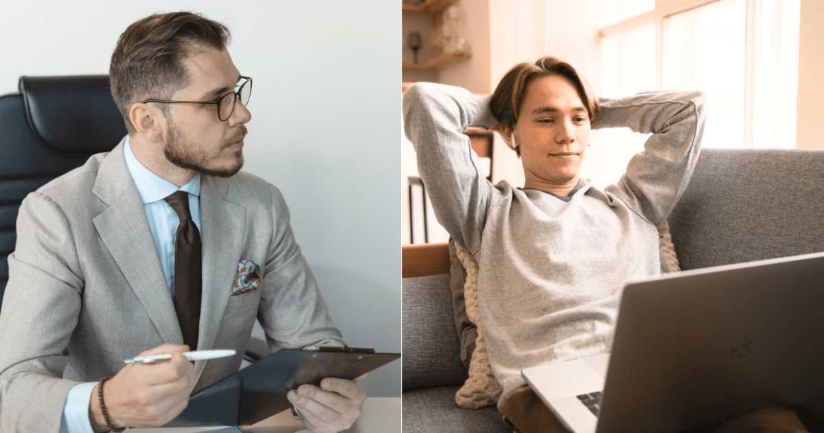 (L) An interviewer looks furious. (R) A man smiles as he looks at his laptop. (Representative Cover Image Source: Pexels| L - Tima Miroshnichenko, R - KATRIN BOLOVTSOVA)