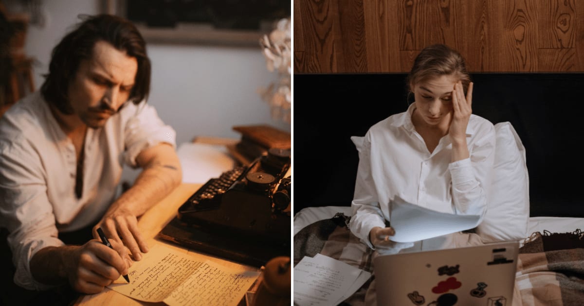 (L) A man pens a letter using a typewriter. (R) A woman feeling overwhelmed while reading postal mail. (Representative Cover Image Source: Pexels | (L) KoolShooters, (R) Ron Lach)
