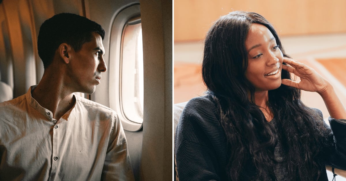 (L) A man looking out the flight window. (R) A woman smiles while speaking. (Representative Cover Image Source: Pexels | (L) Madjid Atmania, (R) Kindel Media)