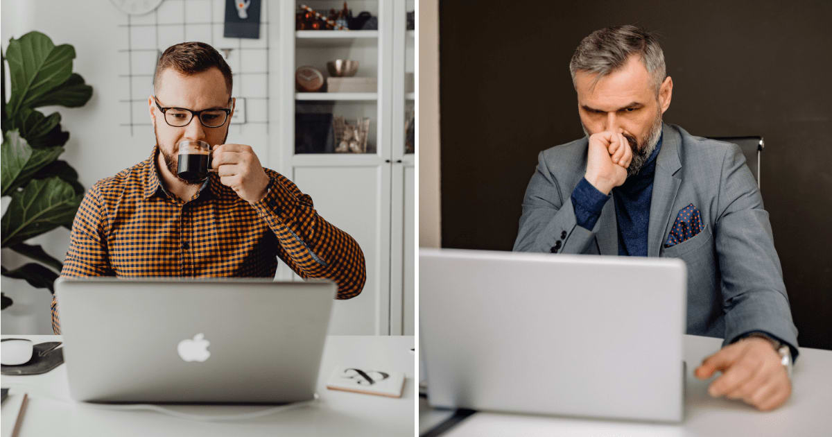 (L) Man working on laptop from home. (R) Annoyed man in suit using laptop. (Representative Cover Image Source: Pexels | (L) kaboompics, (R) Yan Krukau)