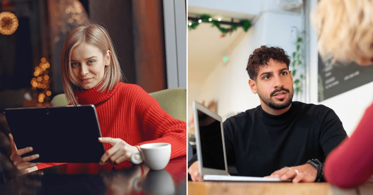 (L) Woman looking at something at a cafe. (R) Man showing laptop to someone. (Representative Cover Image Source: Pexels | (L) Gustavo Fring, (R) Kampus Production)