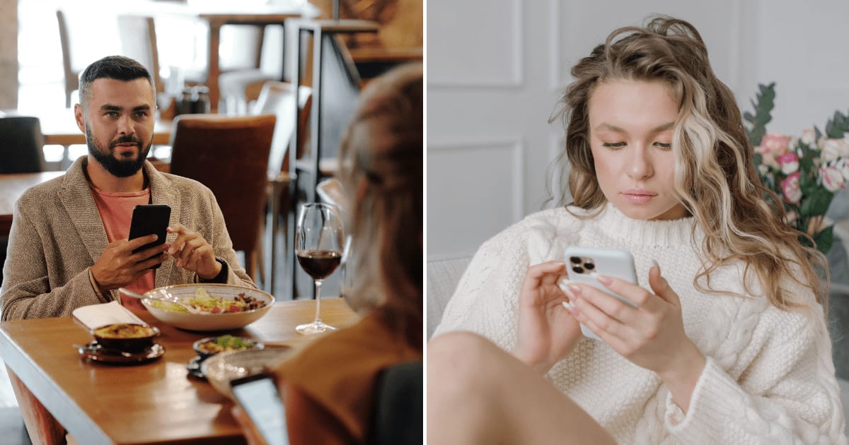 (L) A man using his phone on a date. (R) A woman looking annoyed while using her phone at home. (Representative Cover Image Source: Pexels | (L) Jep Gambardella, (R) Mikhail Nilov)
