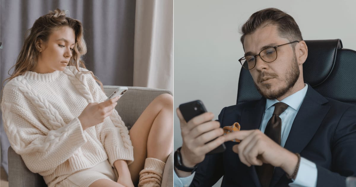 (L) A woman looks upset as she texts on her phone. (R) A manager checking his messages. (Representative Cover Image Source: Pexels| L - Mikahil Nilov, R - Tima Miroshnichenko)