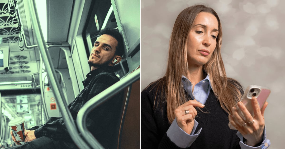 (L) A man is staring while traveling by train. (R) A woman looks appalled as she reads text on phone. (Representative Cover Image Source: Pexels| L - Furkan Salihoğlu, R - Mica Bassa)