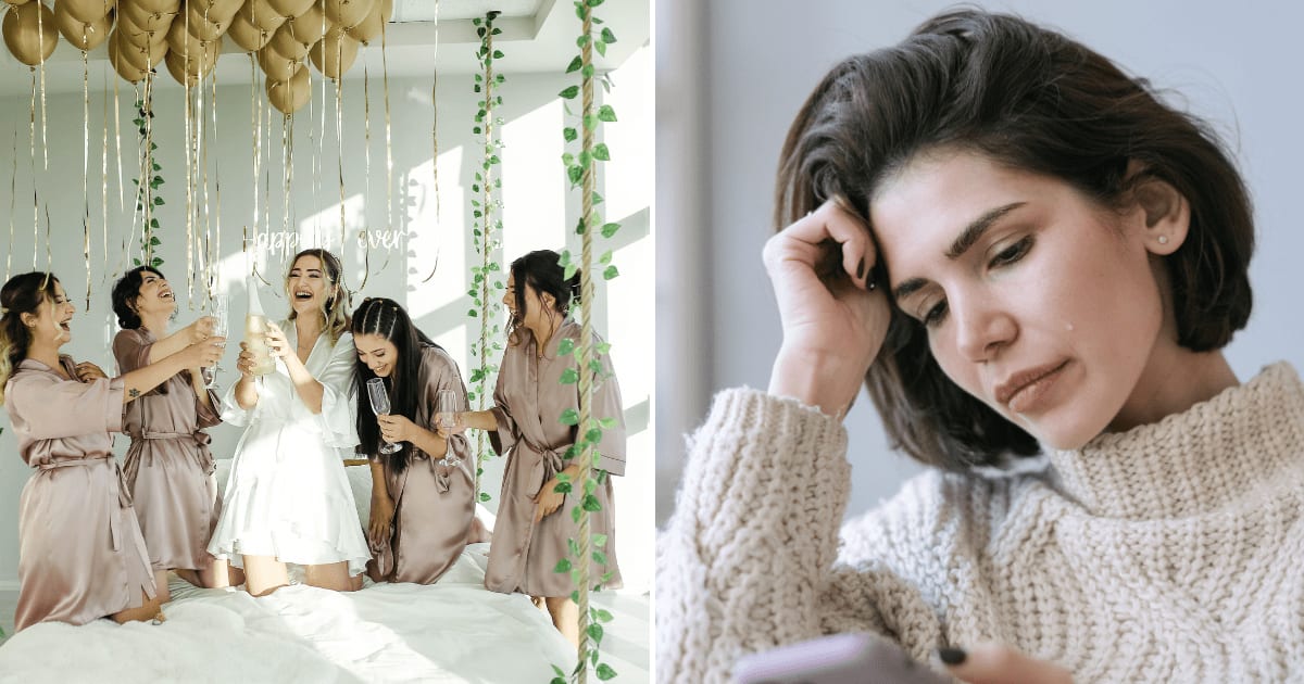 (L) Bride-to-be celebrating bachelorette party with bridesmaids. (R) A woman crying while using her phone. (Representative Cover Image Source: Pexels | (L)  Melike B, (R)  Ivan S)