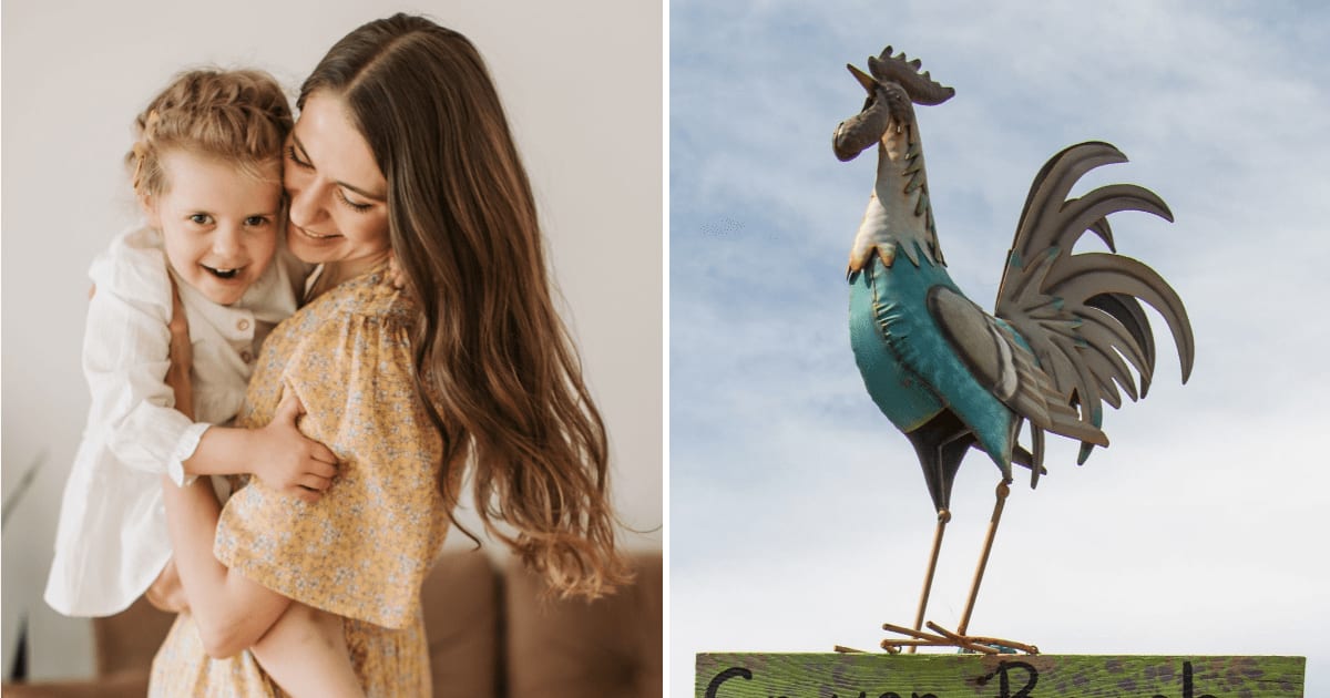 (L) Little girl with mother. (R) Rooster sign. (Representative Cover Image Source: Pexels | (L) Vlada Karpovich, (R) Arron McCrory)