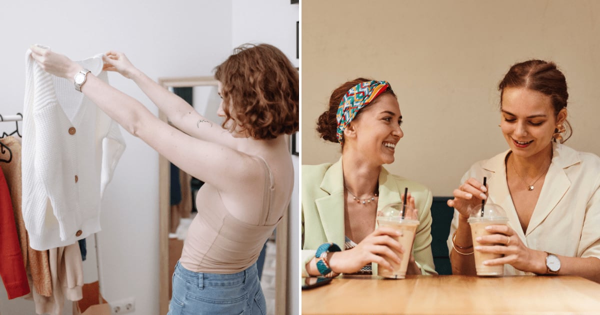 (L) A woman looking at her cardigan while getting ready. (R) Two women laughing. (Representative Cover Image Source: Pexels | (L) Thirdman, (R) Marcus Aurelius)