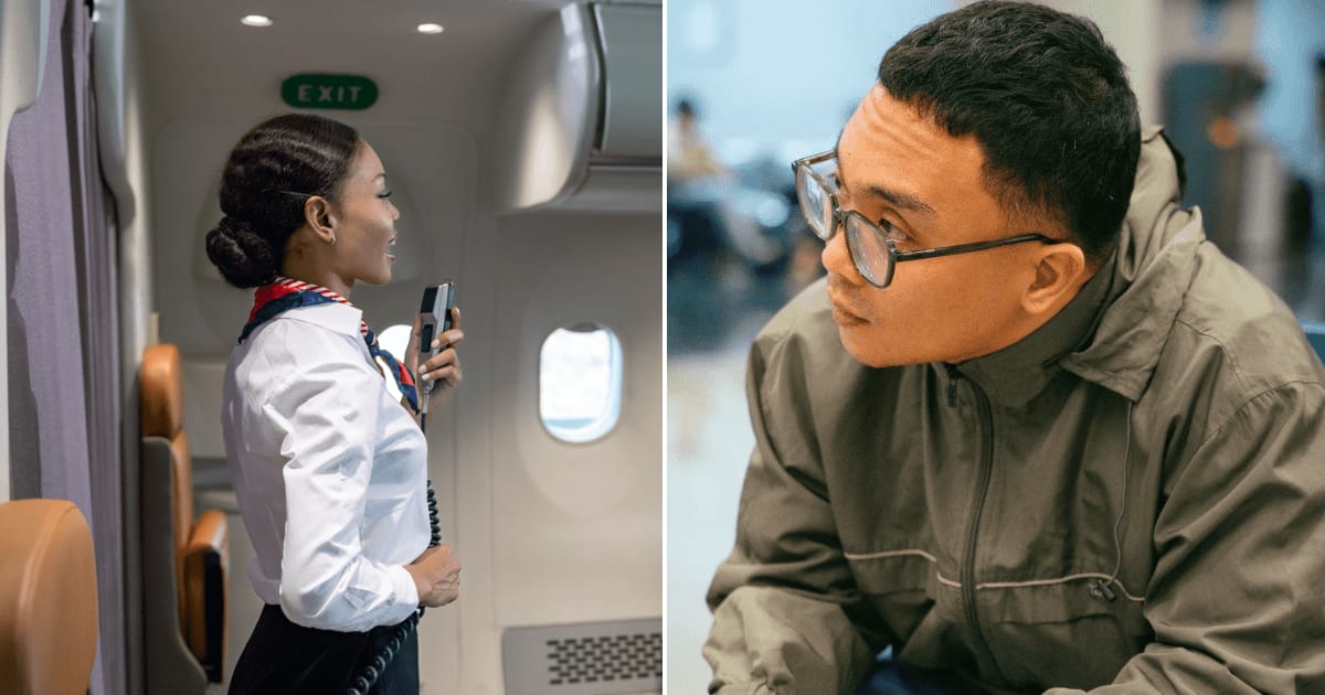 (L) Flight attendant making an announcement. (R) Man looking at someone. (Representative Cover Image Source: (L) Getty | Akarawut Lohacharoenvanich, (R) Pexels | Kenneth Surillo)