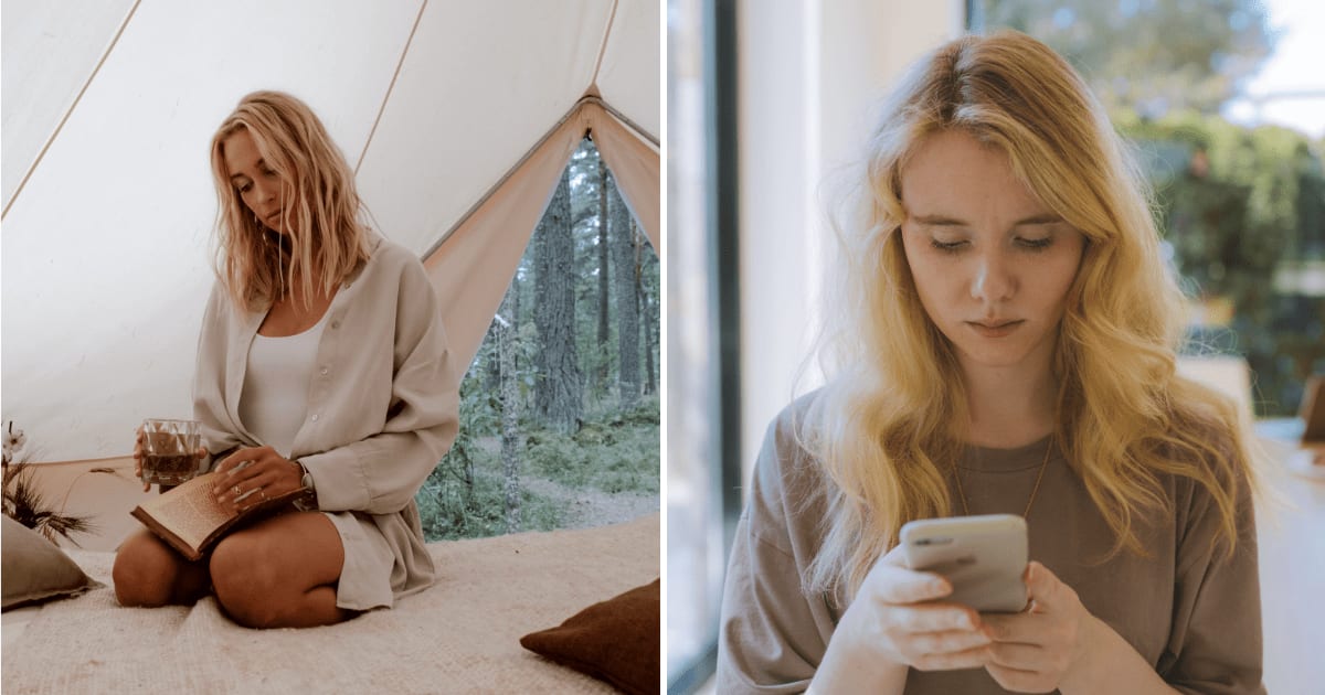 (L) Woman camping alone. (R) Woman looking at her phone. (Representative Cover Image Source: Pexels | (L) cottonbro studio, (R) Anastasia Shuraeva)