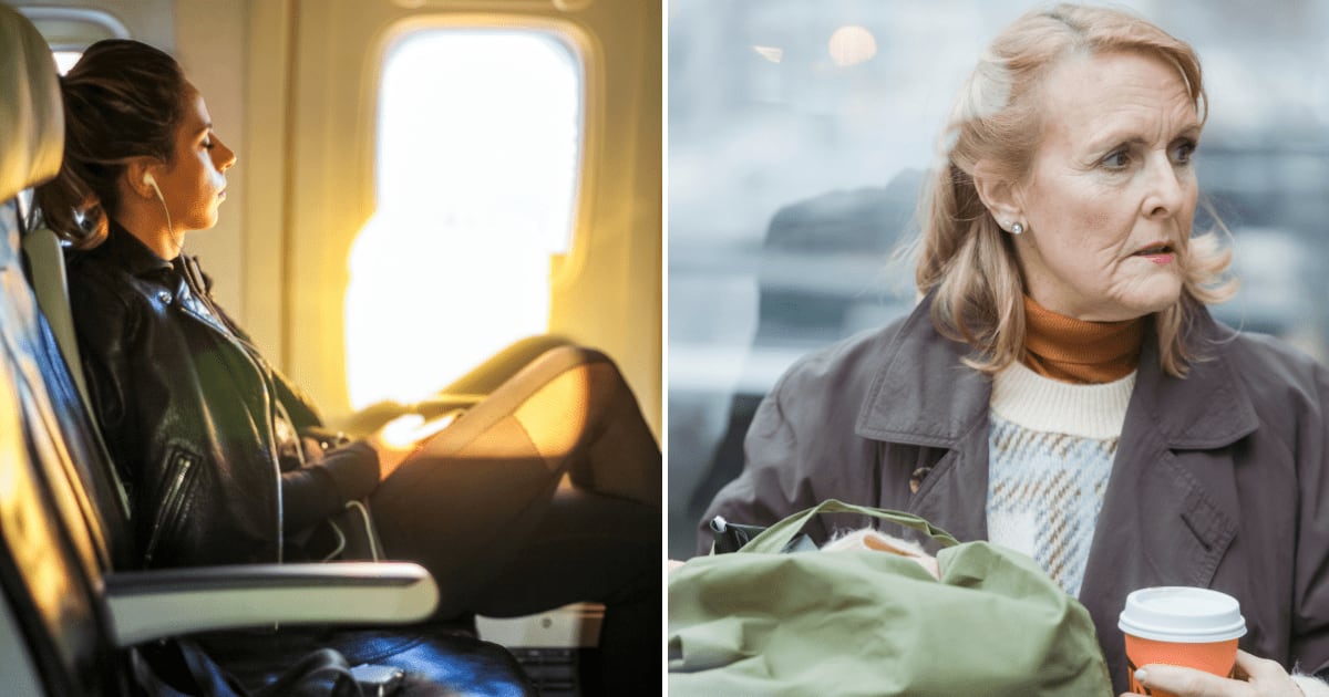 (L) A woman sitting in a flight seat listening to music. (R) An old woman  with a coffee in hand looking annoyed. (Representative Cover Image Source: Pexels | (L) Richard Harris, (R) Teona Swift)