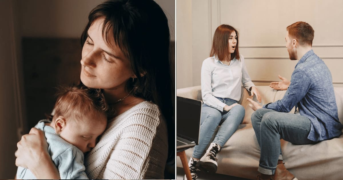 (L) A tired mother holding her baby. (R) A couple having a serious conversation on a couch. (Representative Cover Image Source: Pexels (L) Helena Lopes, (R) Gustavo Fring)