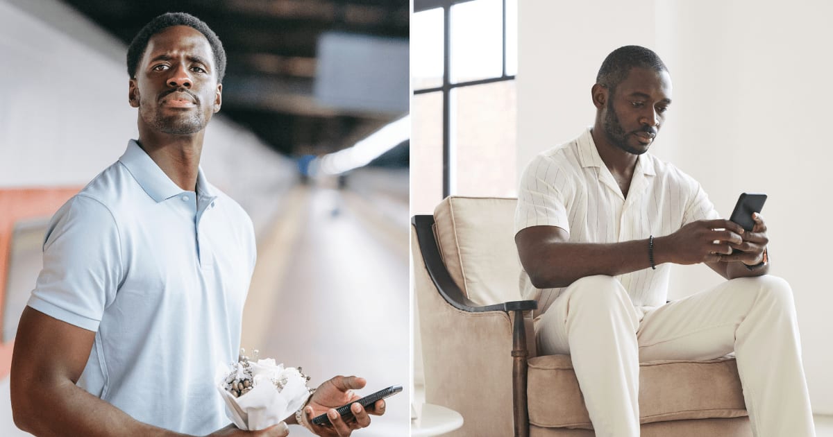(L) A man is holding a bouquet and waiting for someone. (R) A man is texting on his phone. (Representative Cover Image Source: Pexels| L - Liliana Drew, R - August de Richelieu)