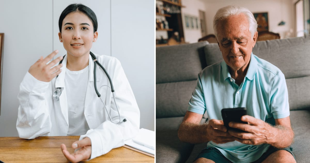 (L) A female doctor explaining something. (R) An old man using a phone while smiling, sitting at home. (Representative Cover Image Source: Pexels | (L) Tima Miroshnichenko, (R) Helena Lopes)