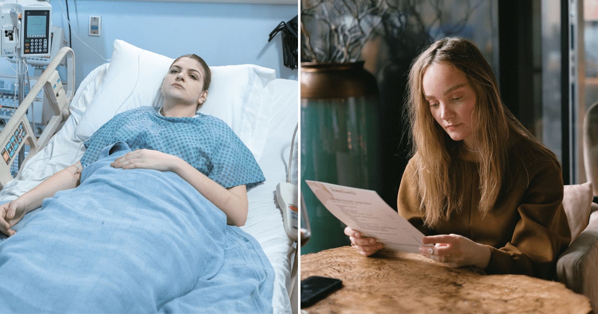 (L) A female patient lying on hospital bed. (R) A woman reading a letter. (Representative Cover Image Source: Pexels | (L) RDNE Stock project, (R) Anna Shvets)