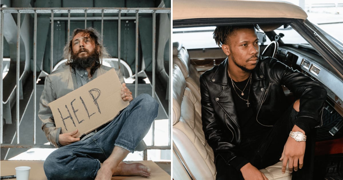 (L) Homeless man. (R) Man sitting in car. (Representative Cover Image Source: Pexels | (L) MART PRODUCTION, (R) MART PRODUCTION)