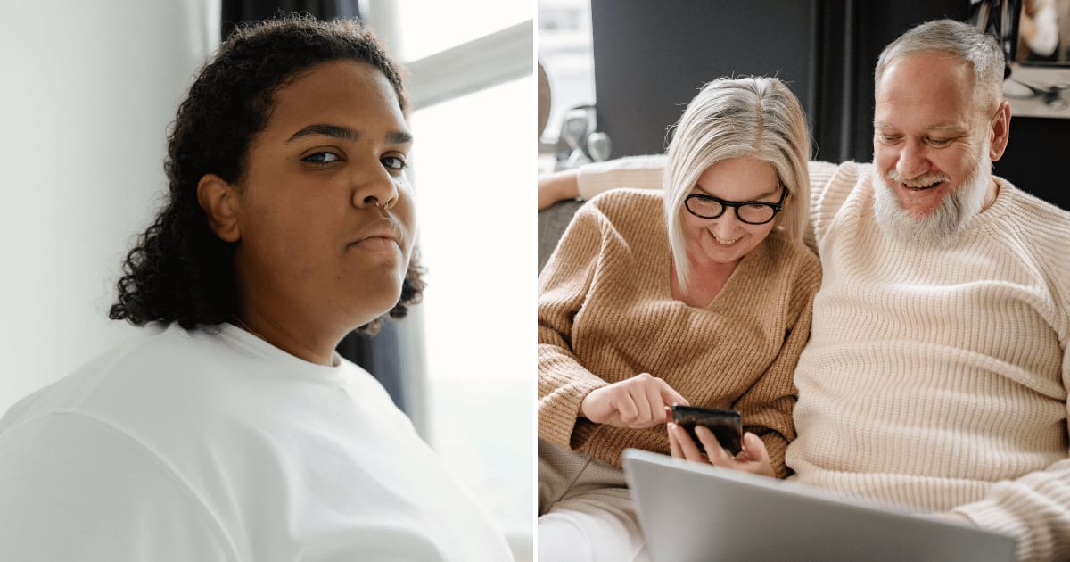 (L) A plus-size woman looking frustrated. (R) An elderly couple is smiling while looking at their phone. (Representative Cover Image Source: Pexels | (L) Darina Belonogova, (R) Yan Krukau)