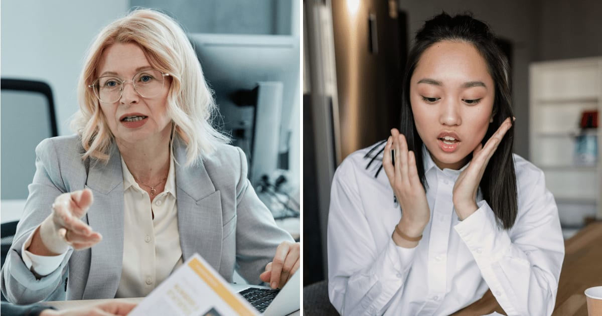 (L) Woman in office. (R) A working woman expressing shock. (Representative Cover Image Source: Pexels | (L) Tiger Lily, (R) Alena Darmel)