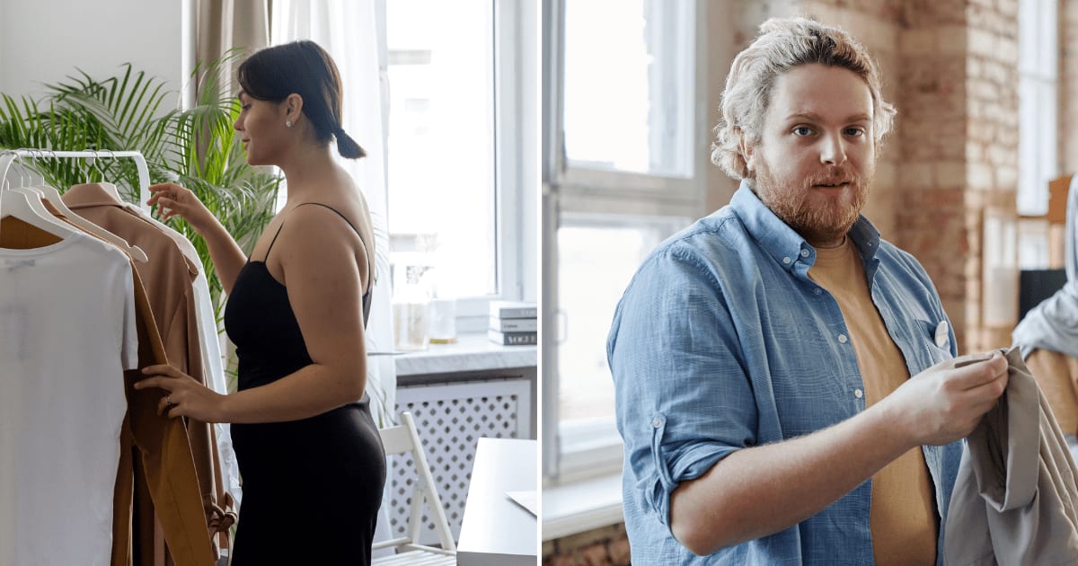(L) A woman shopping for clothes. (R) A man folding a shirt at a clothing store. (Representative Cover Image Source: Pexels | (L) Hanna Pad, (R) Julia M Cameron)
