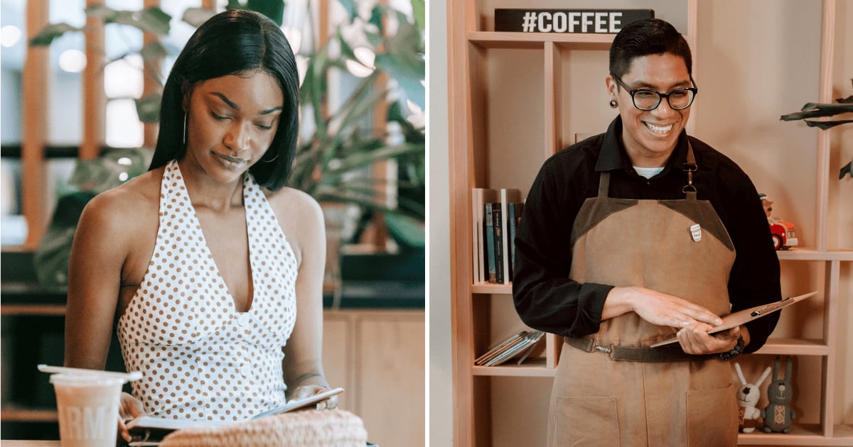 (L) Woman sitting in cafe. (R) Server laughing. (Representative Cover Image Source: Pexels | (L) Mike Jones, (R) RDNE Stock project)