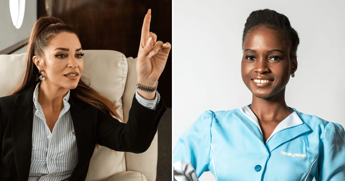 (L) A woman on a flight is calling a flight attendant. (R) A flight attendant smiles. (Representative Cover Image Source: Pexels | (L), (R) RDNE Stock project)