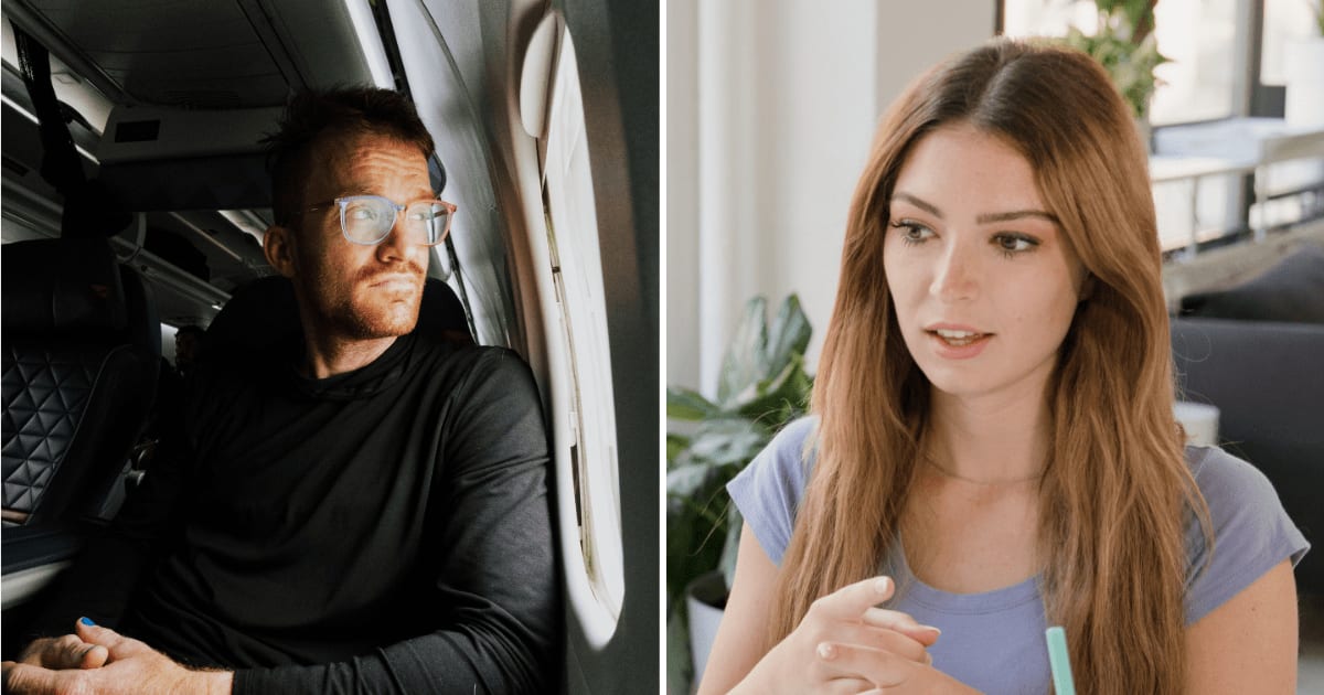 (L) Man sitting in a flight. (R) Woman talking to someone. (Representative Cover Image Source: Pexels | (L) K, (R) RDNE Stock project)