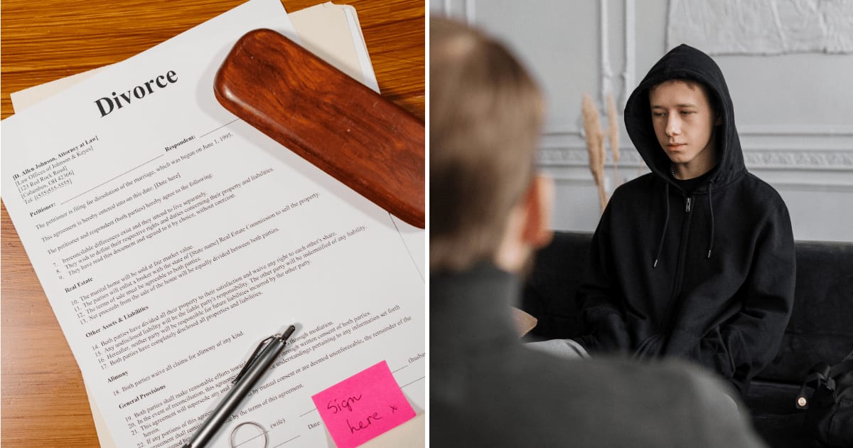 (L) Divorce papers. (R) Teenage boy sitting talking to someone. (Representative Cover Image Source: Pexels | (L) RDNE Stock project, (R) cottonbro studio)