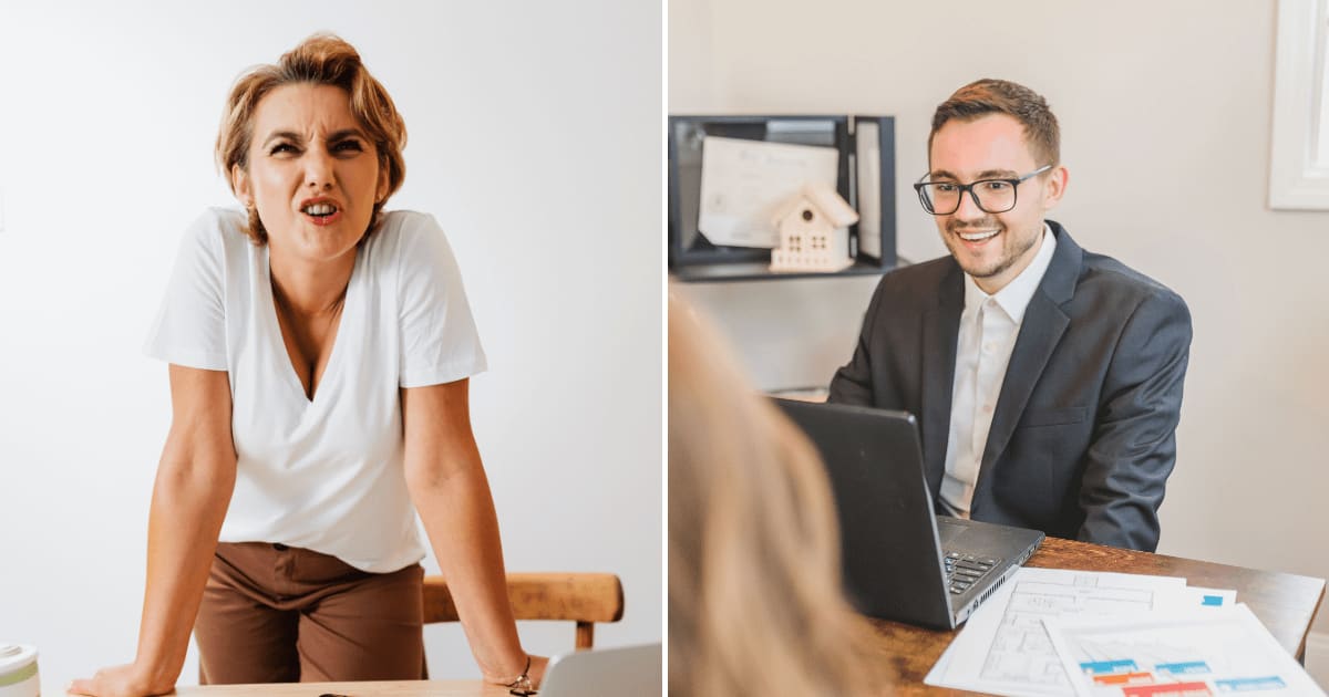 (L) A woman being furious at someone. (R) A professional man smiling while talking to a woman. (Representative Cover Image Source: Pexels | (L) Kaboompics, (R) RDNE Stock project)